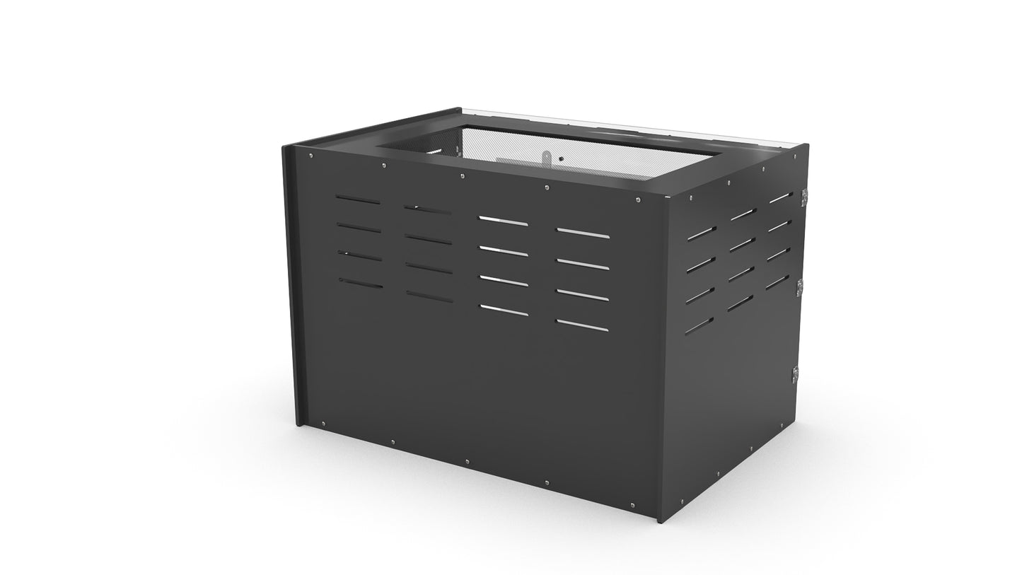 Black metal planter box on a white background