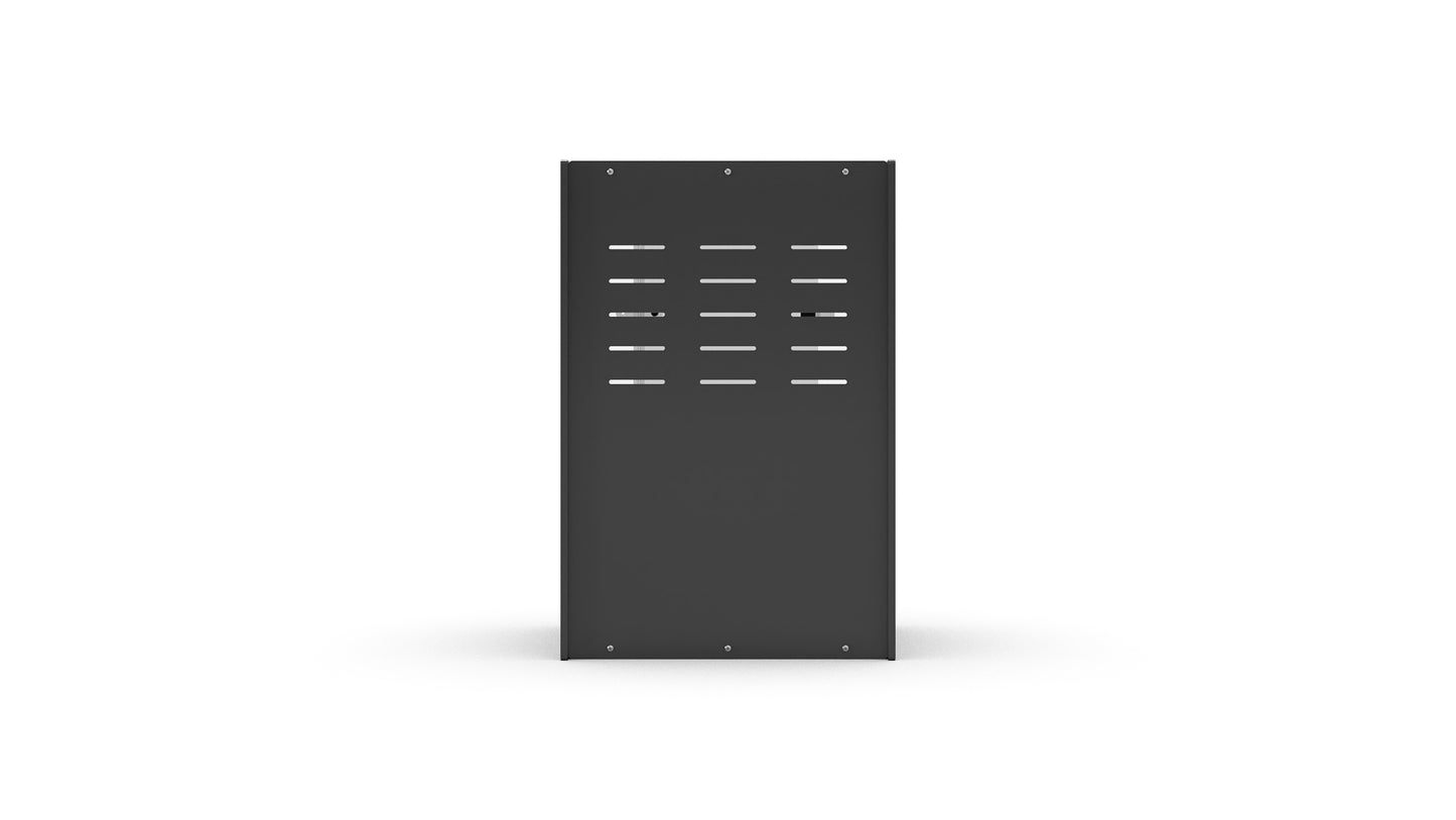 Black metal panel with horizontal slats on a white background