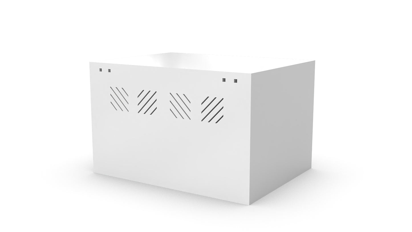 White metal frame with geometric cutouts on a white background