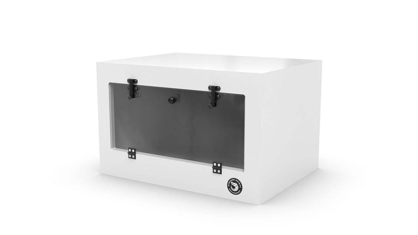 White pet carrier with a black interior on a white background