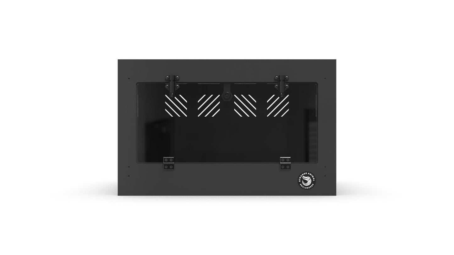 Black rectangular wall-mounted fireplace insert on a white background