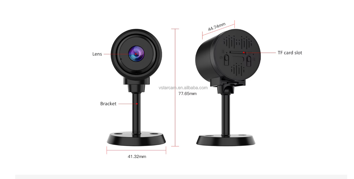 Black security camera with labeled parts and dimensions on a white background