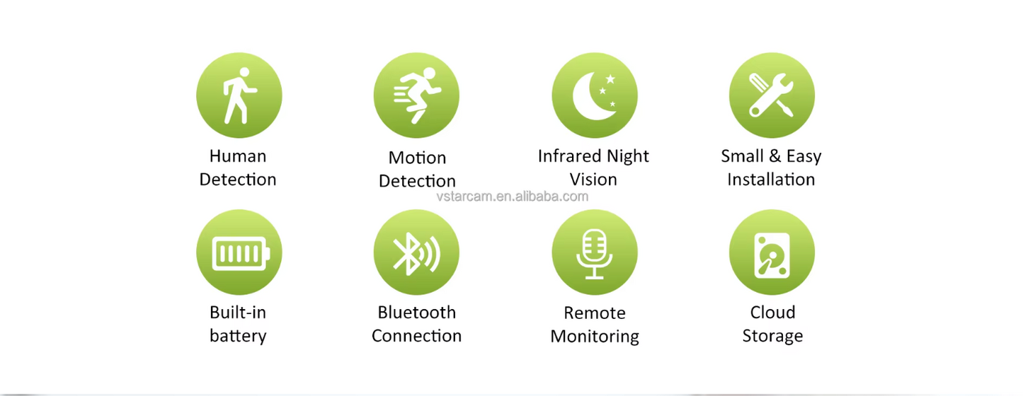 Set of green icons with text describing features on a white background