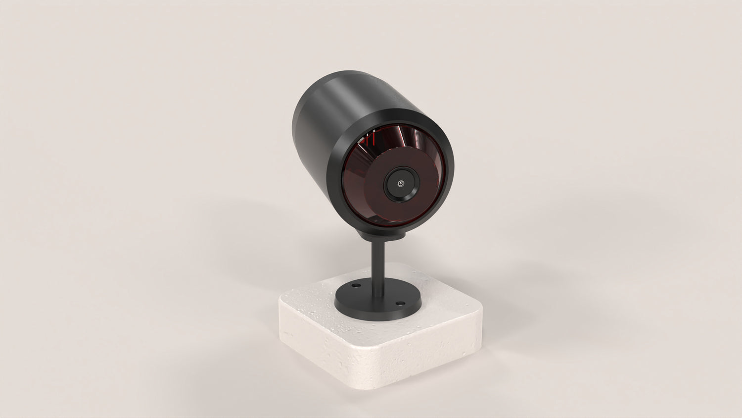 Black camera on a white stand against a light gray background