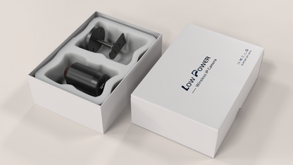 Wireless earbuds in an open box with 'Low Power' branding on a light background