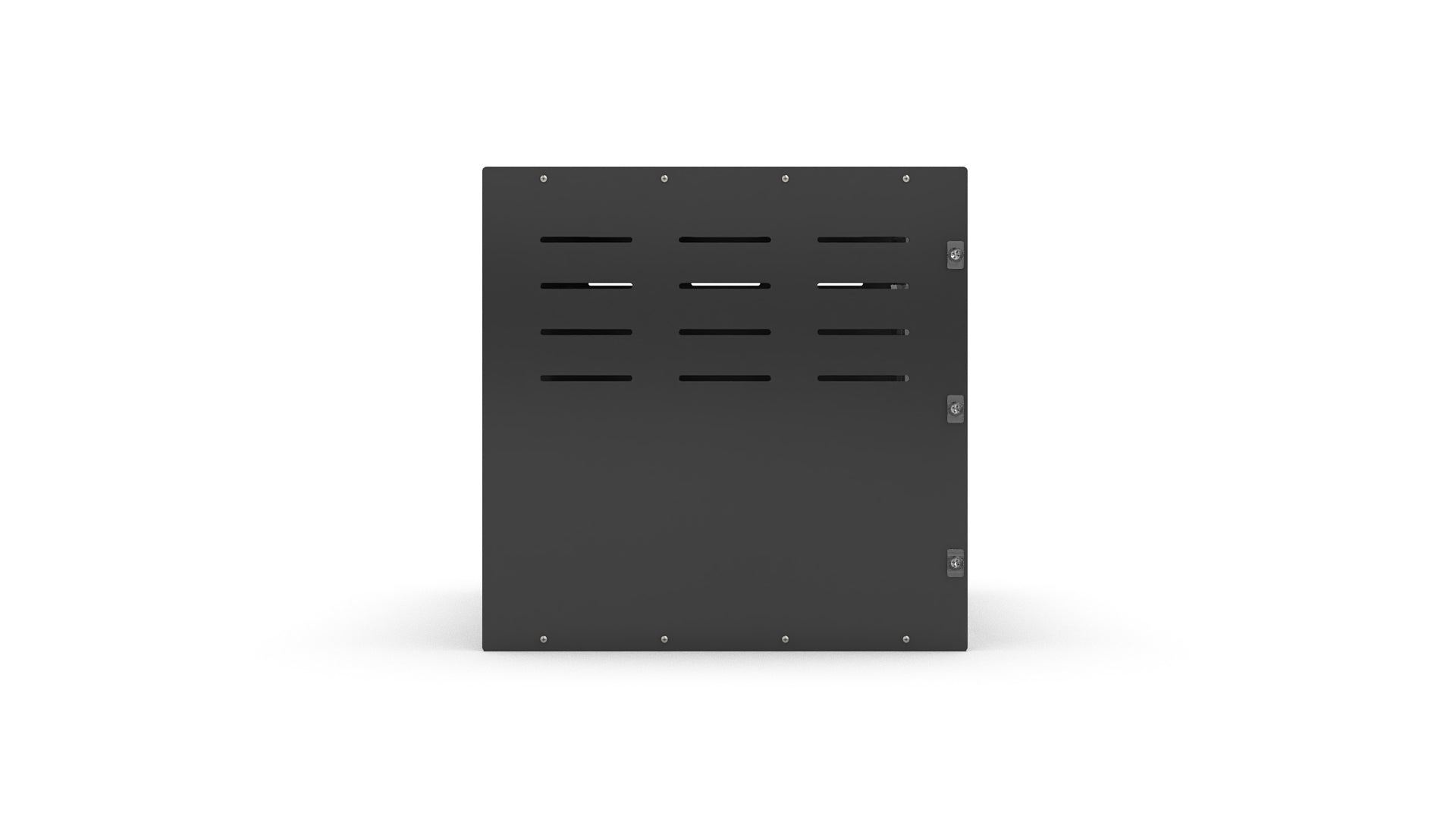 Black metal panel with ventilation slots on a white background