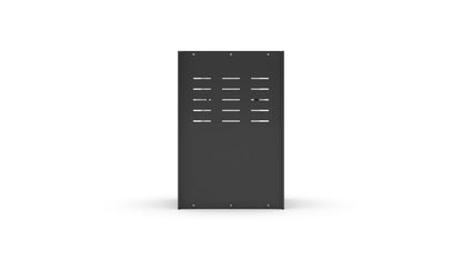 Black metal panel with horizontal slats on a white background