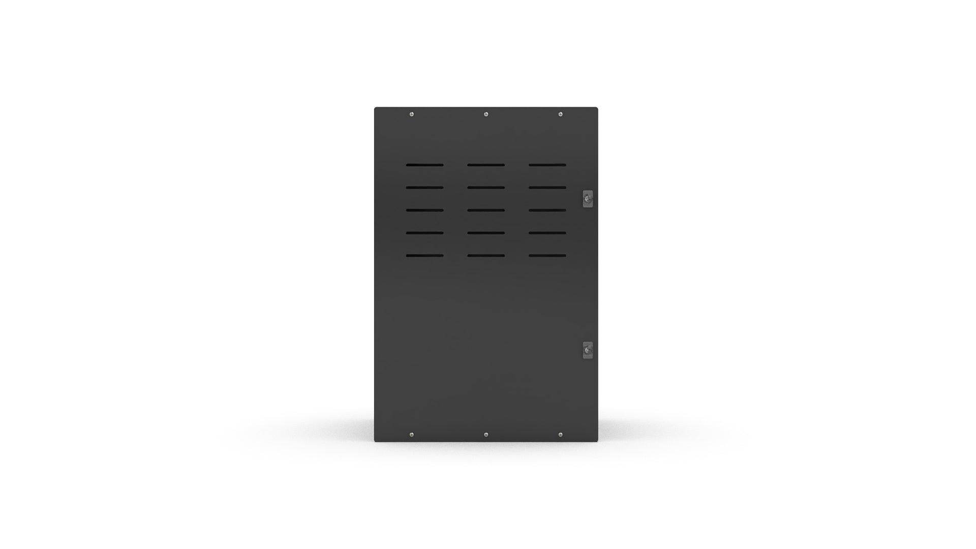 Black metal panel with ventilation slots on a white background