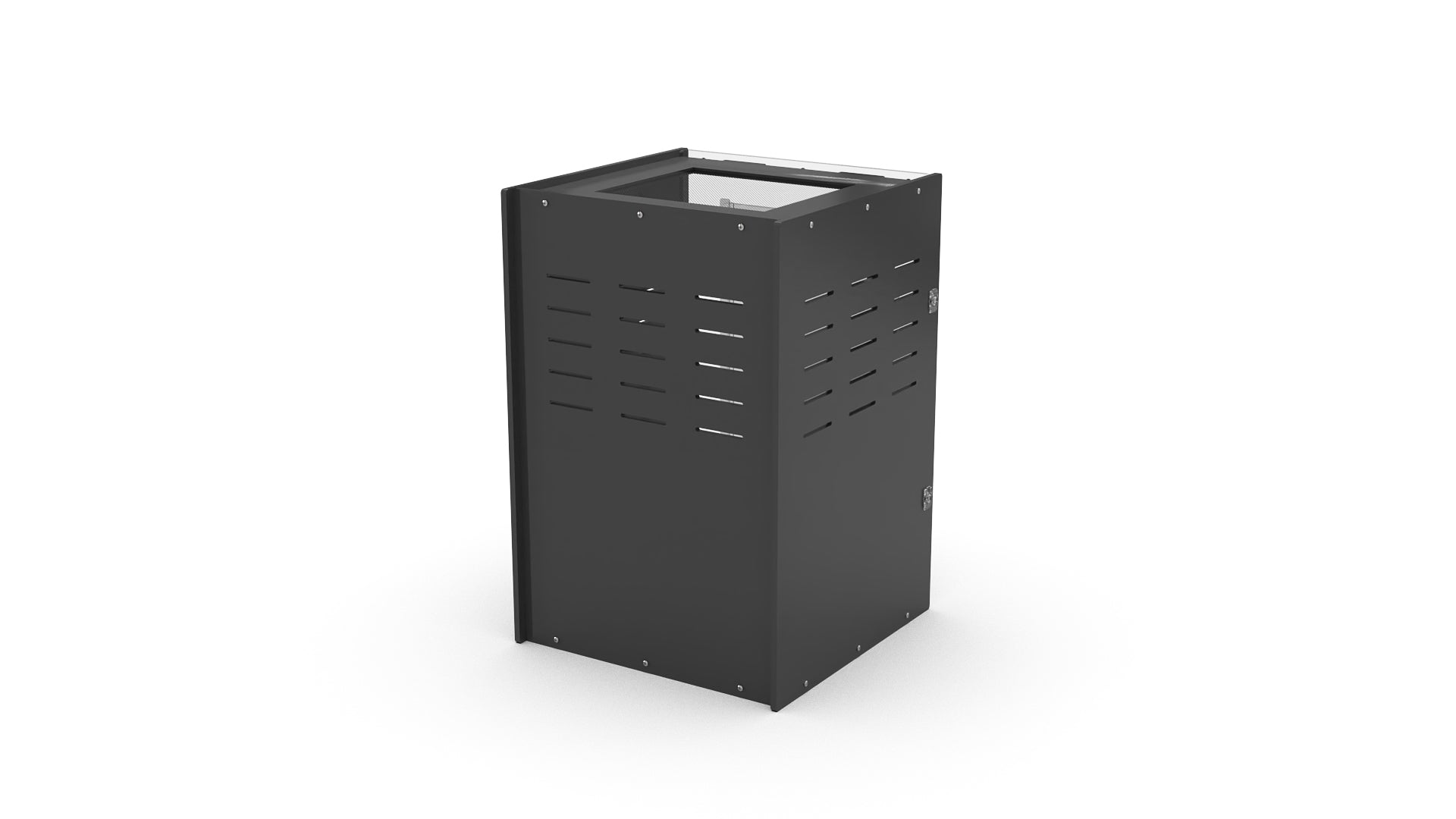 Black metal trash can on a white background