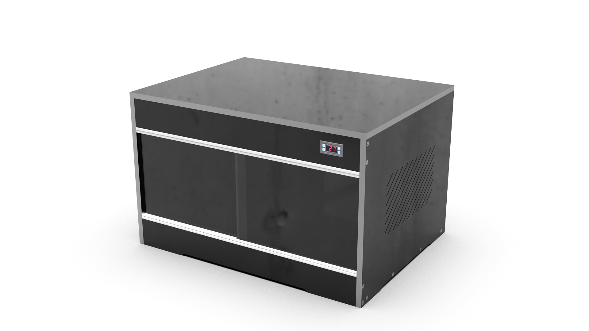 Black metal cabinet with a white background