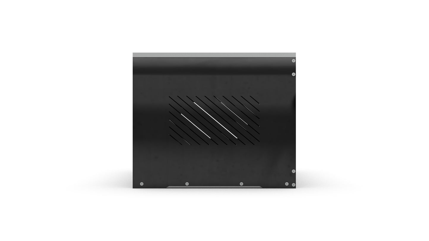 Black electronic device with a vent on a white background
