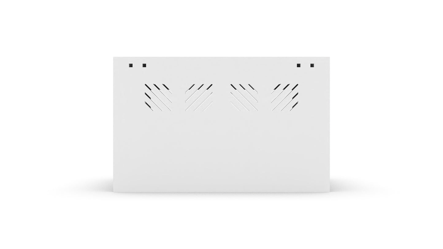 Rectangular white device with ventilation slits on a white background