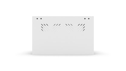 Rectangular white device with ventilation slits on a white background