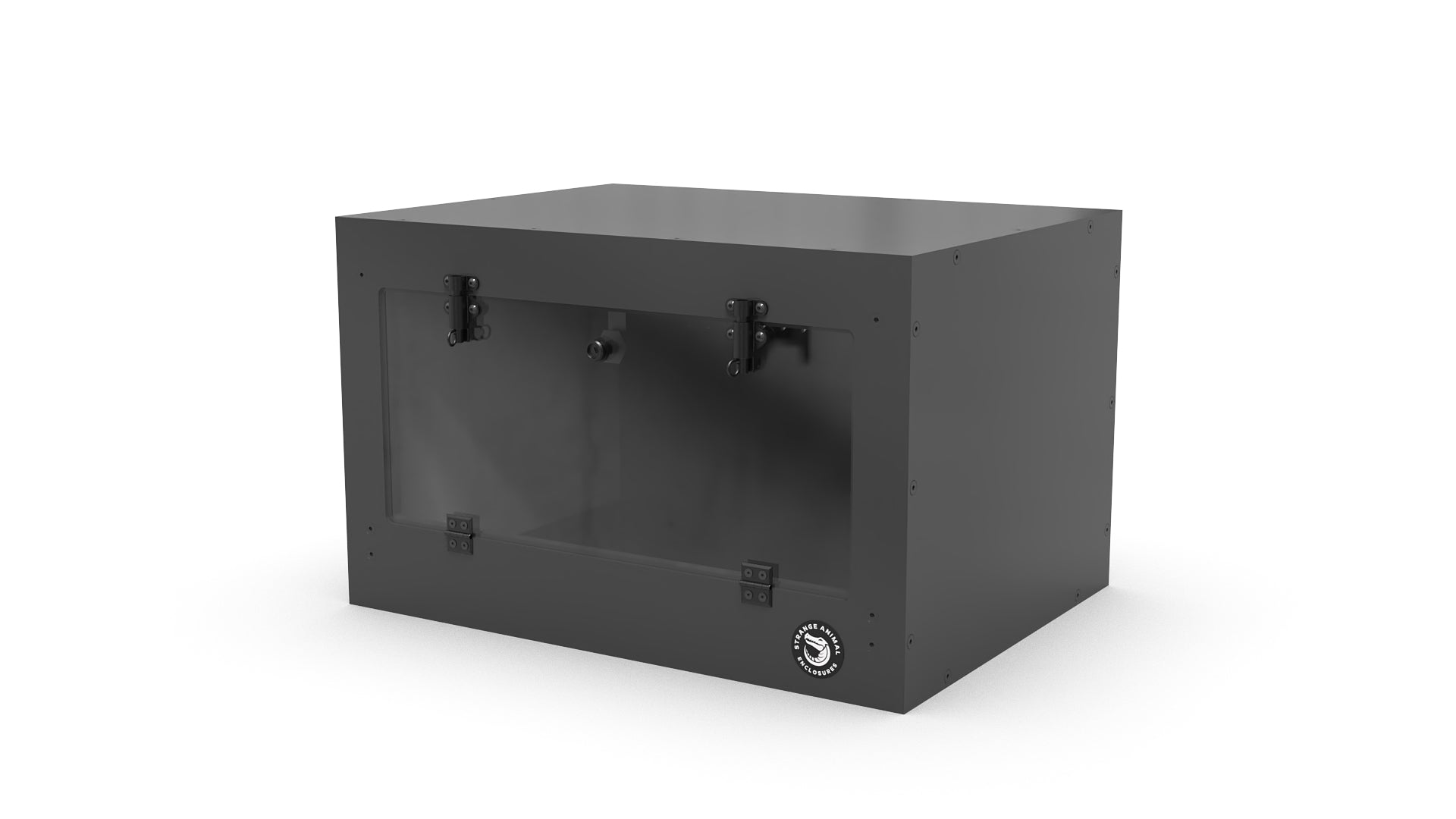 Black rectangular box with a clear front on a white background