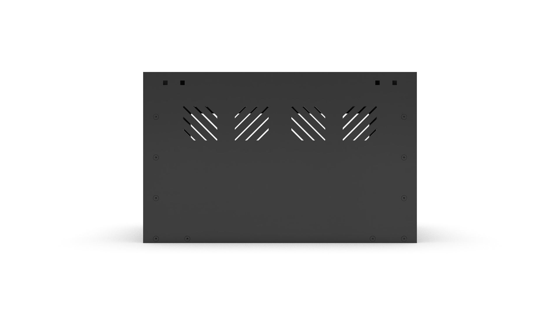 Black rectangular object with geometric patterns on a white background