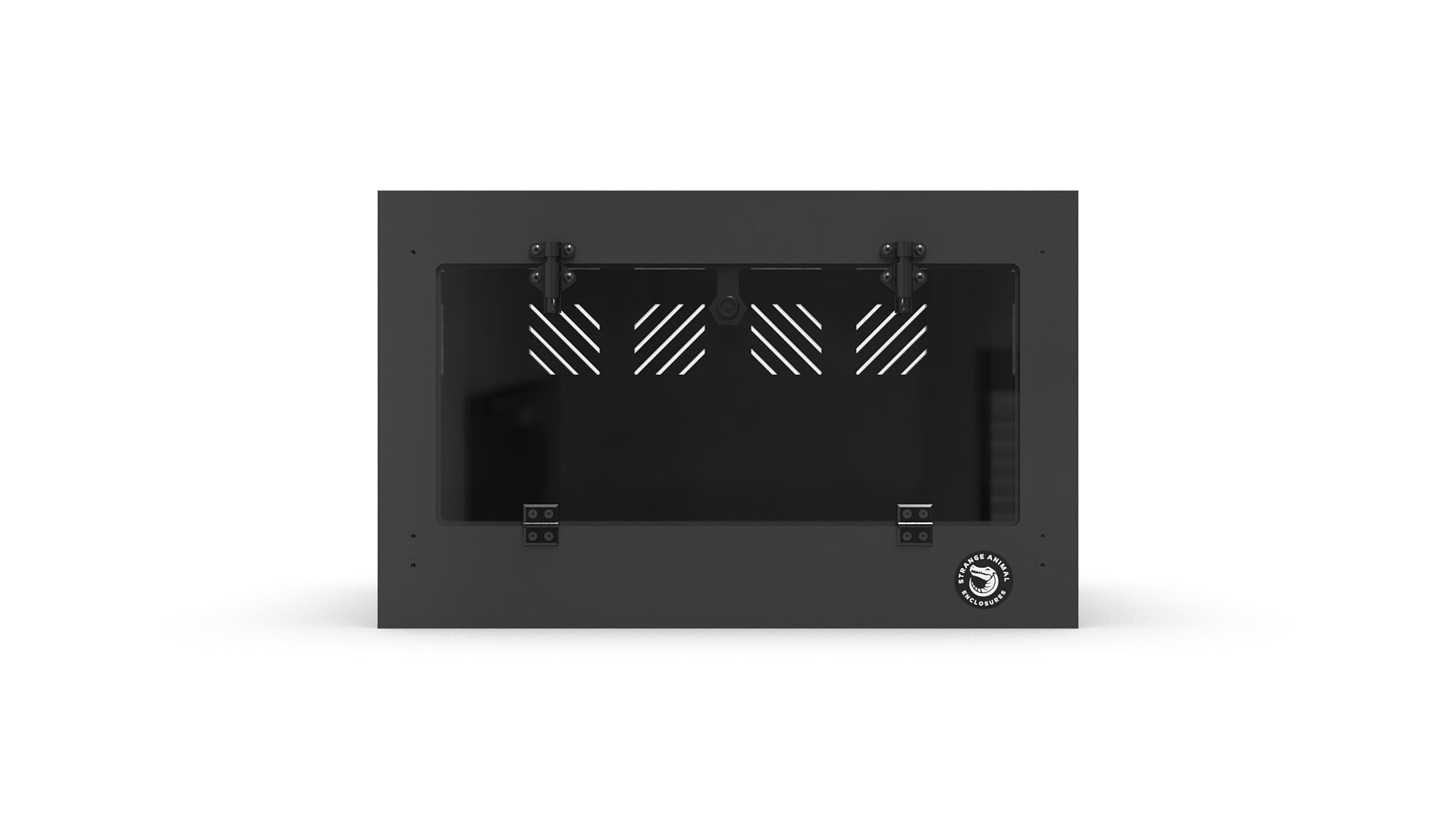 Black rectangular wall-mounted fireplace insert on a white background