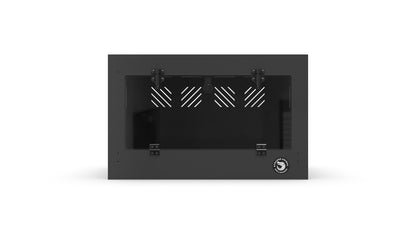 Black rectangular wall-mounted fireplace insert on a white background