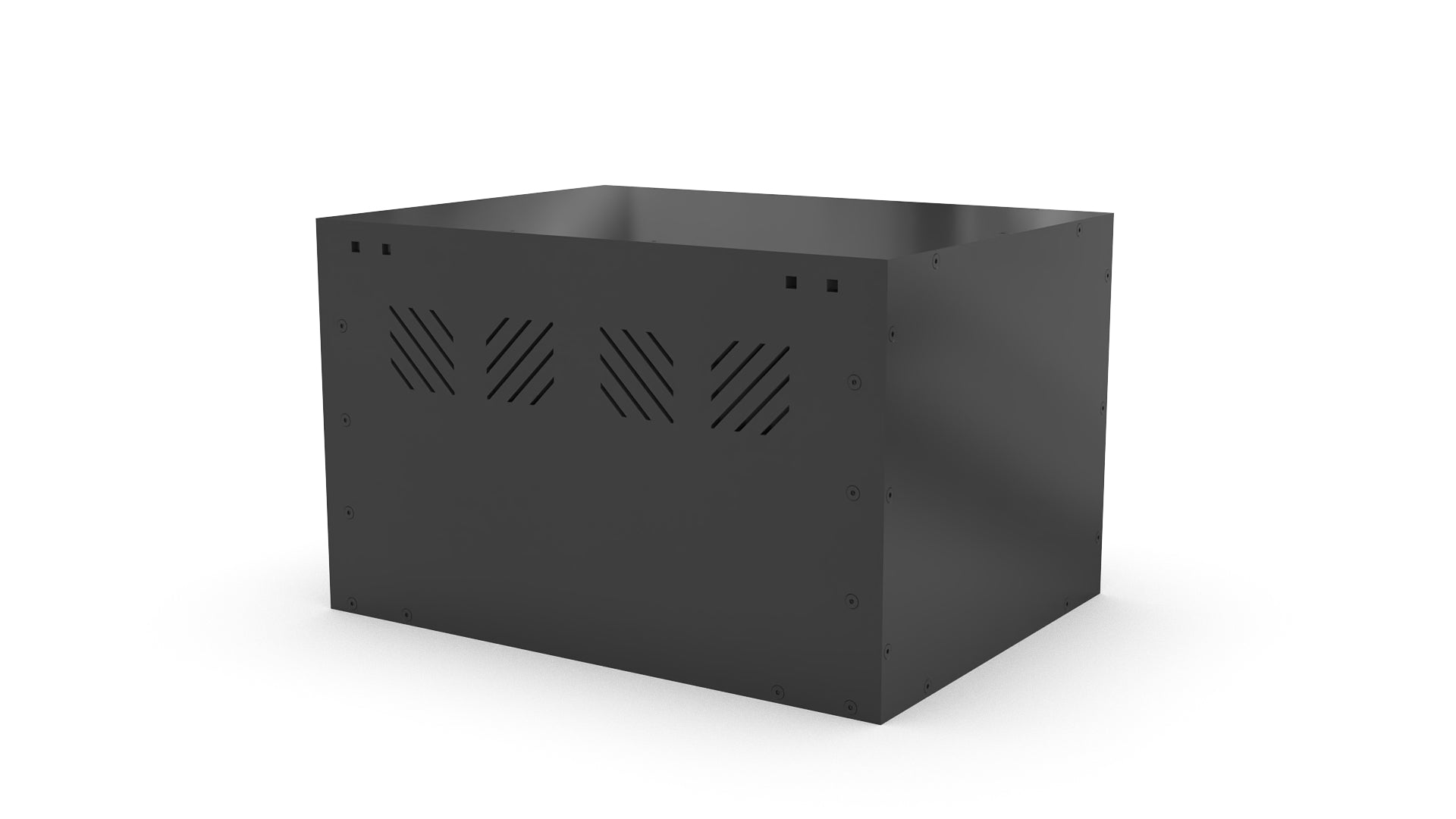 Black metal box with geometric patterns on a white background