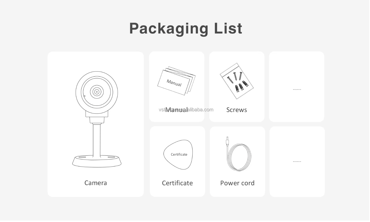 Illustrated packaging list with camera, manual, screws, certificate, and power cord on a light gray background.