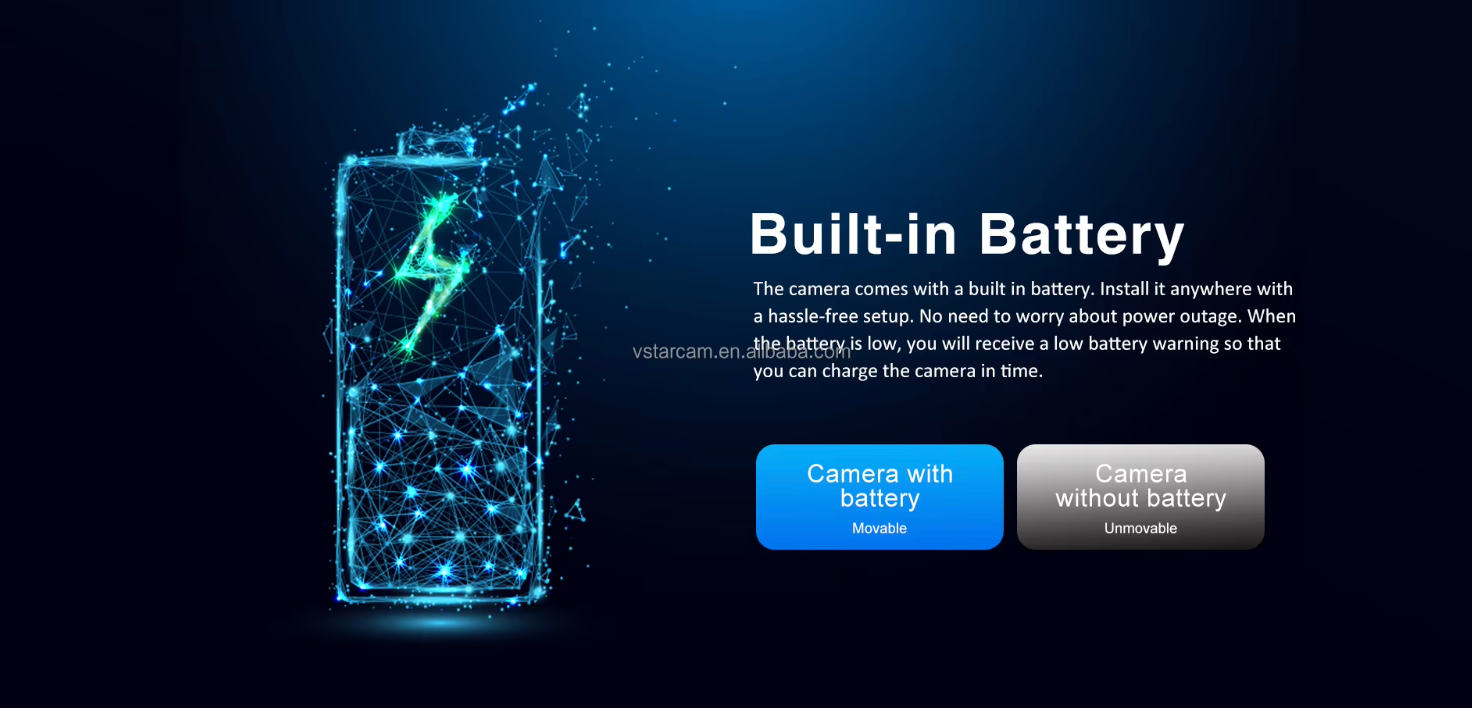 Illustration of a battery with a camera icon on a dark blue background, featuring text about built-in battery functionality.