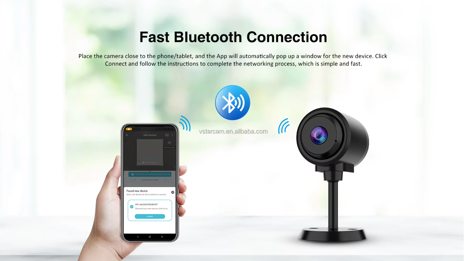 Smart camera with smartphone showing Bluetooth connection on a white background