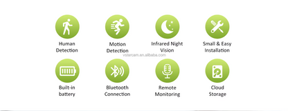 Set of green icons with text describing features on a white background
